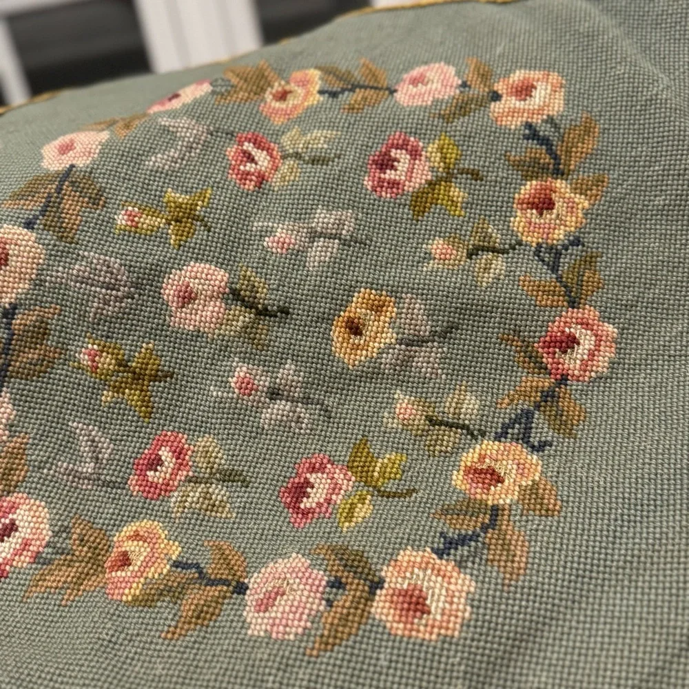 1Hand Crafted Vintage  Rose Floral In Scroll Needlepoint Pillow Cover